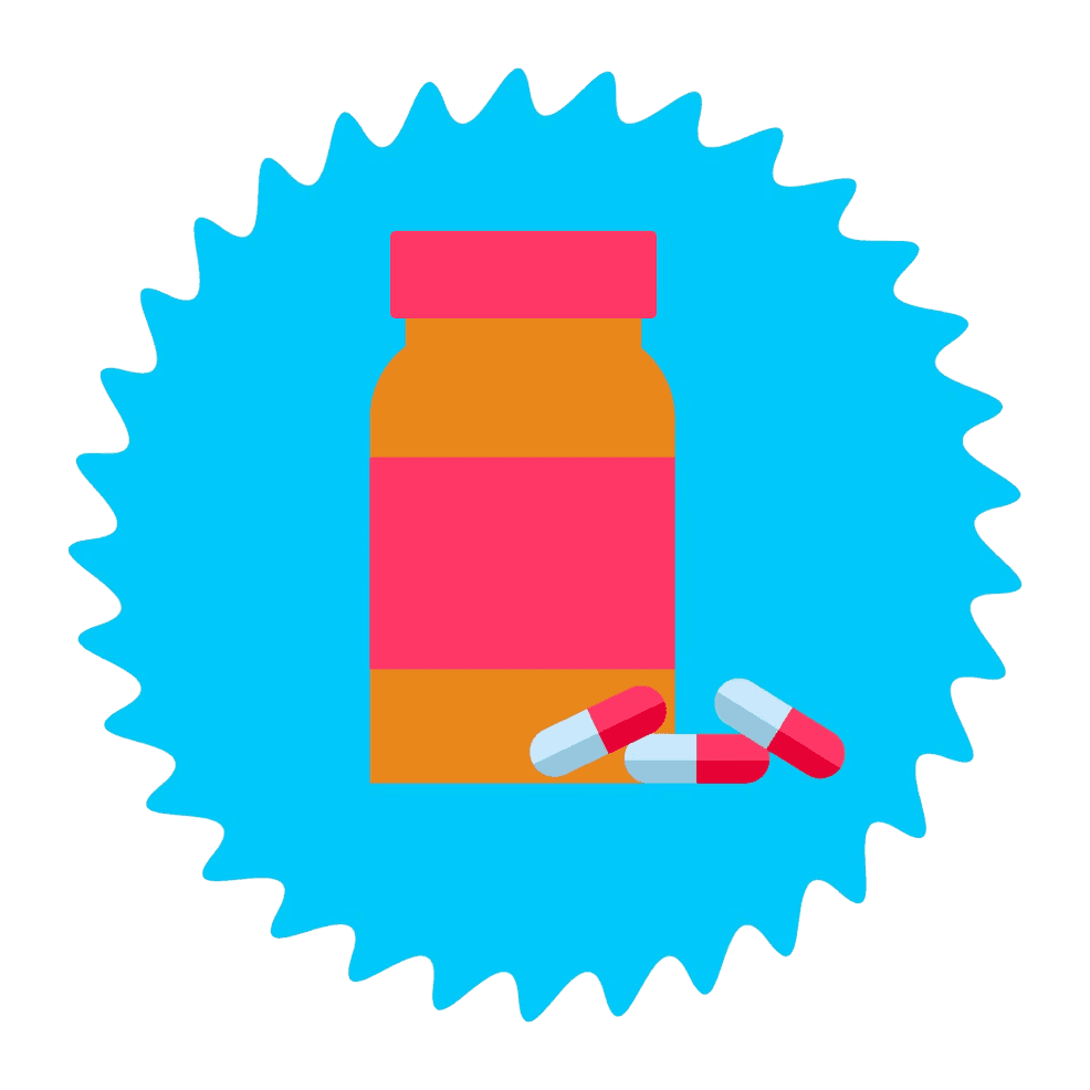 Image of a bottle with 3 pills at the base.