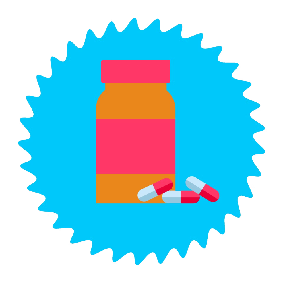 Image of a bottle with 3 pills at the base.