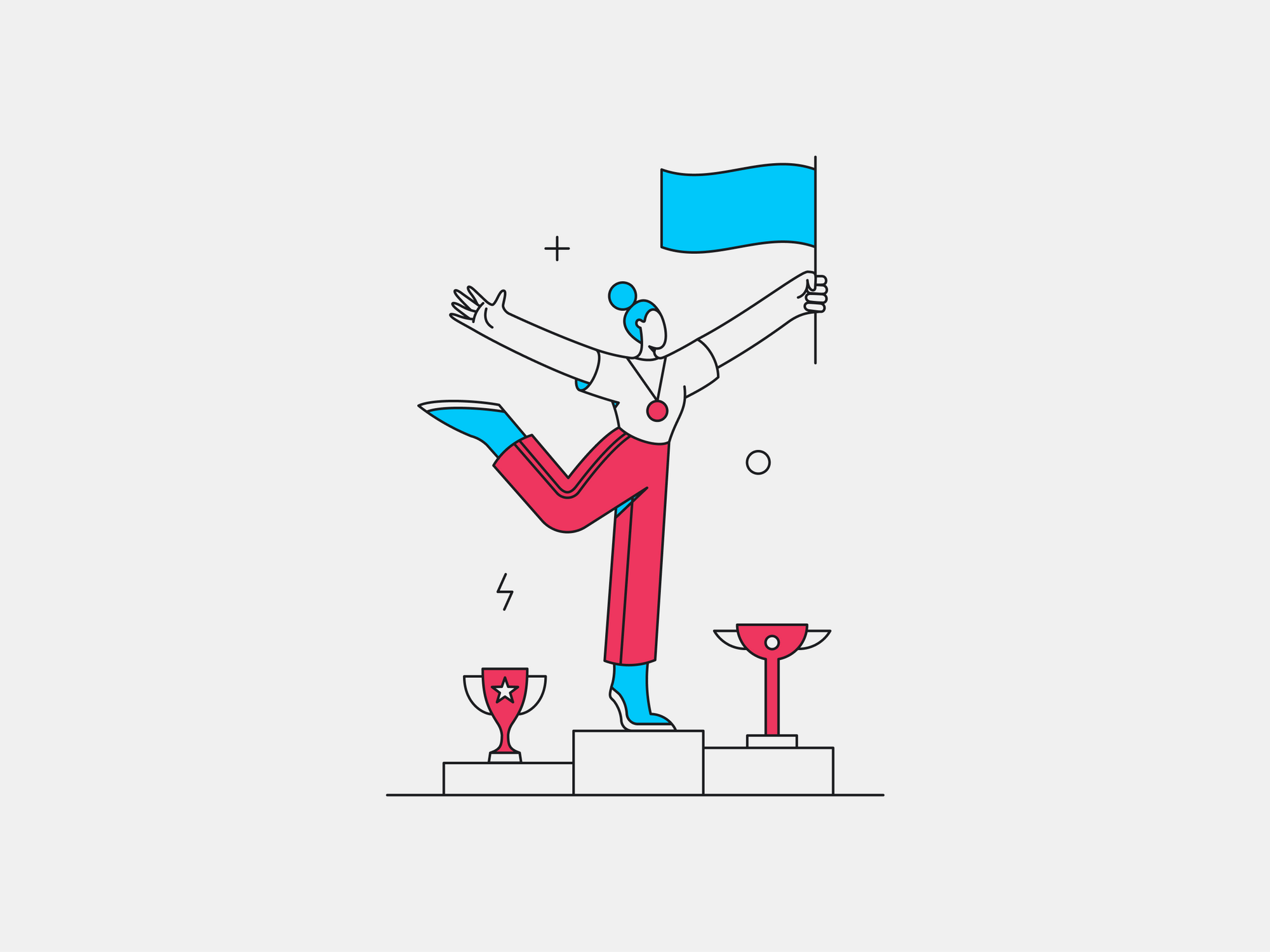 Illustration of a person holding a flag while standing on a podium with trophies on either side of them