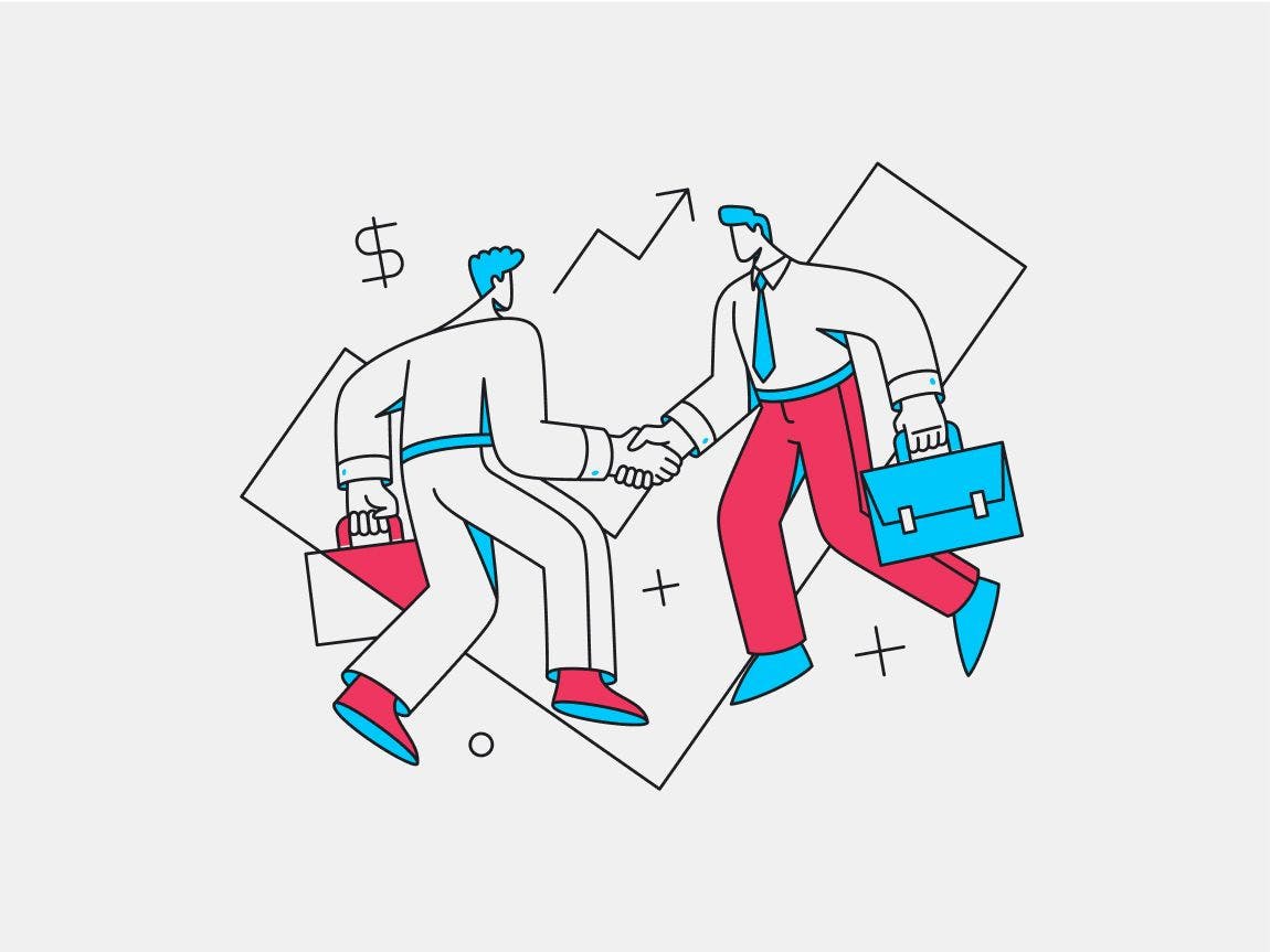 An illustration of two people shaking hands while holding briefcases. There are plus signs and dollar signs around them.